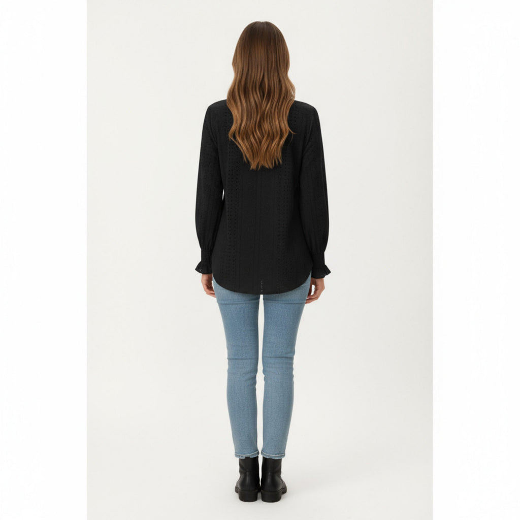 Anna-Kaci Women's Long Sleeve Eyelet Embroidered Top with V-Neckline and Ruffle Cuffs