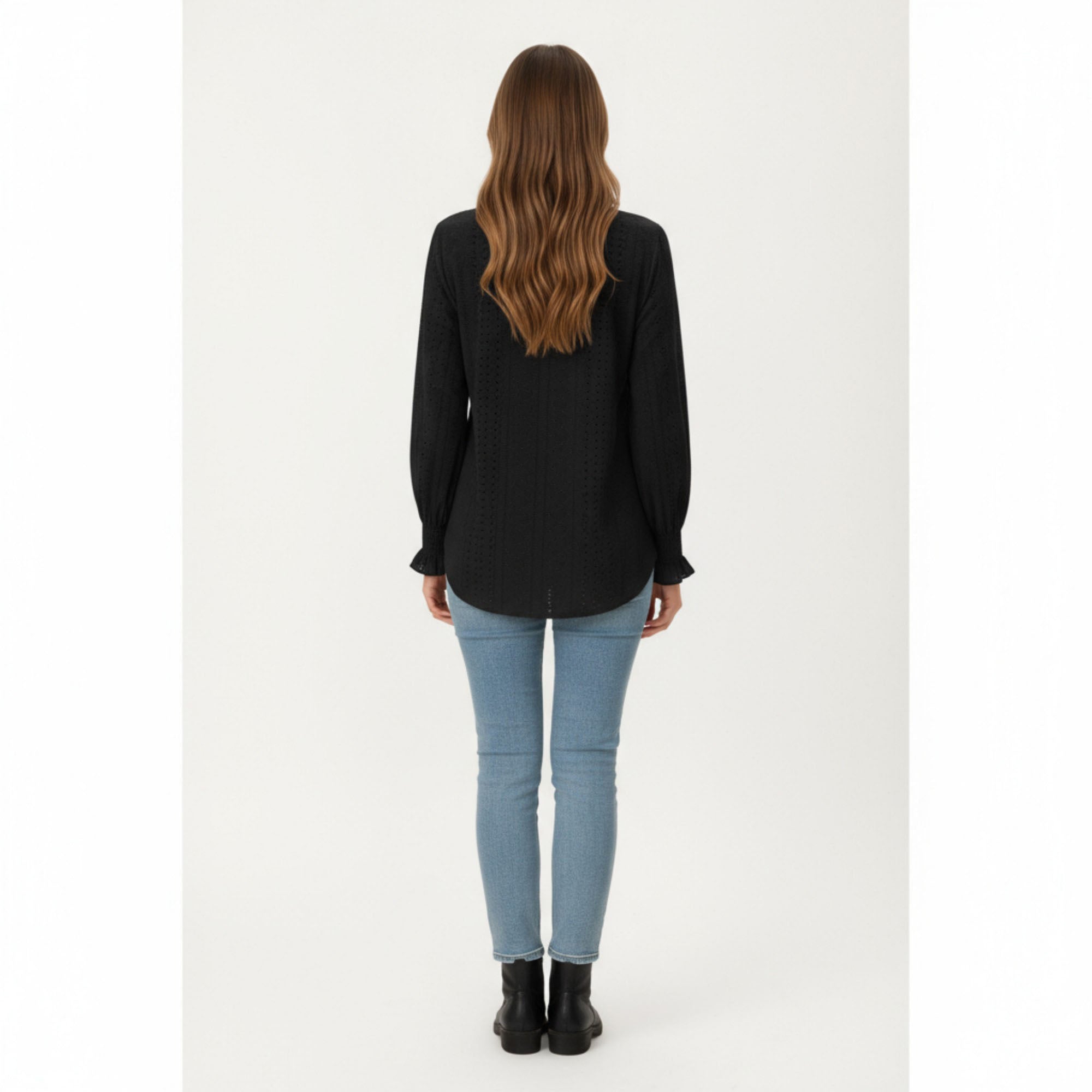 Anna-Kaci Women's Long Sleeve Eyelet Embroidered Top with V-Neckline and Ruffle Cuffs