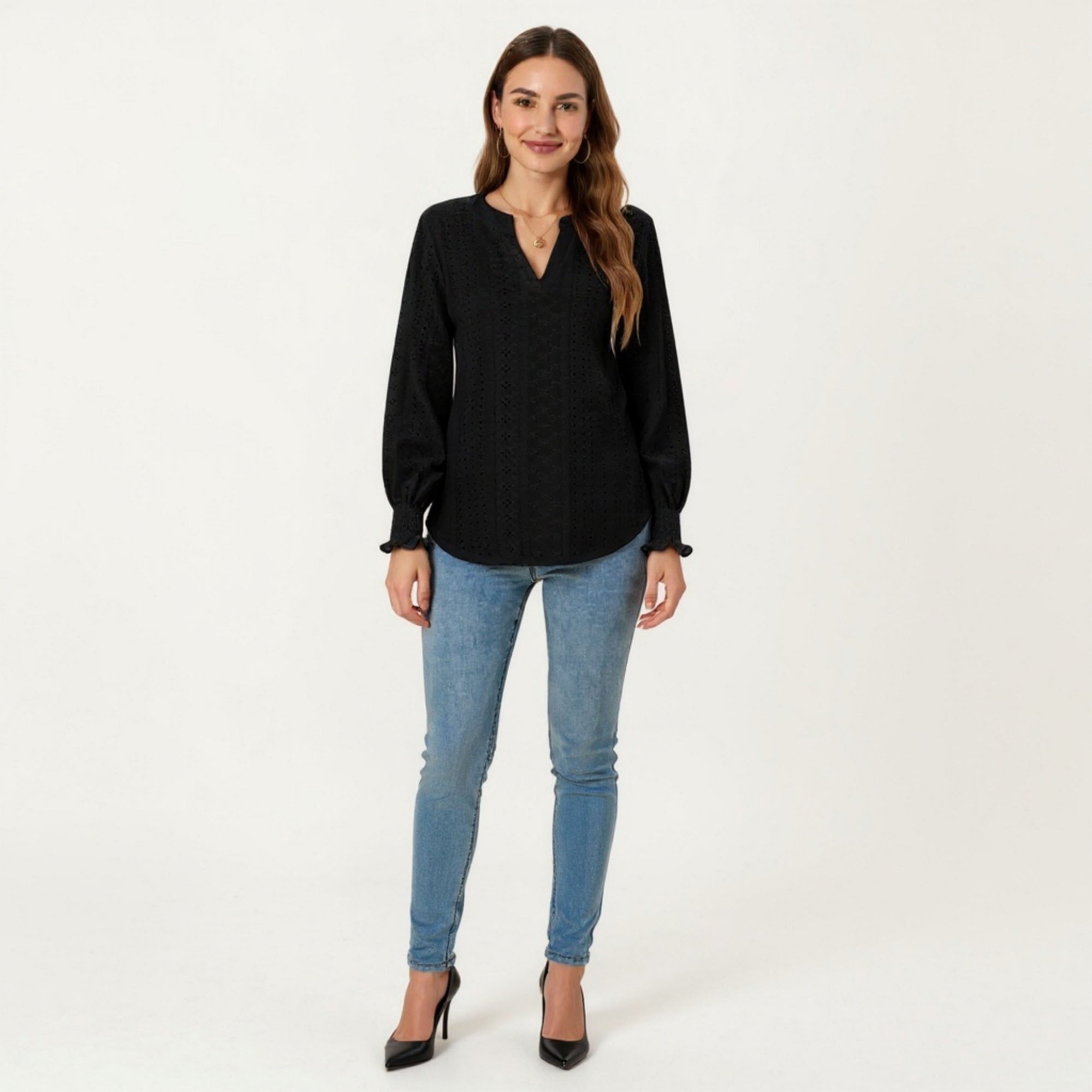 Anna-Kaci Women's Long Sleeve Eyelet Embroidered Top with V-Neckline and Ruffle Cuffs