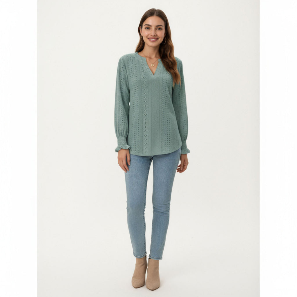 Anna-Kaci Women's Long Sleeve Eyelet Embroidered Top with V-Neckline and Ruffle Cuffs
