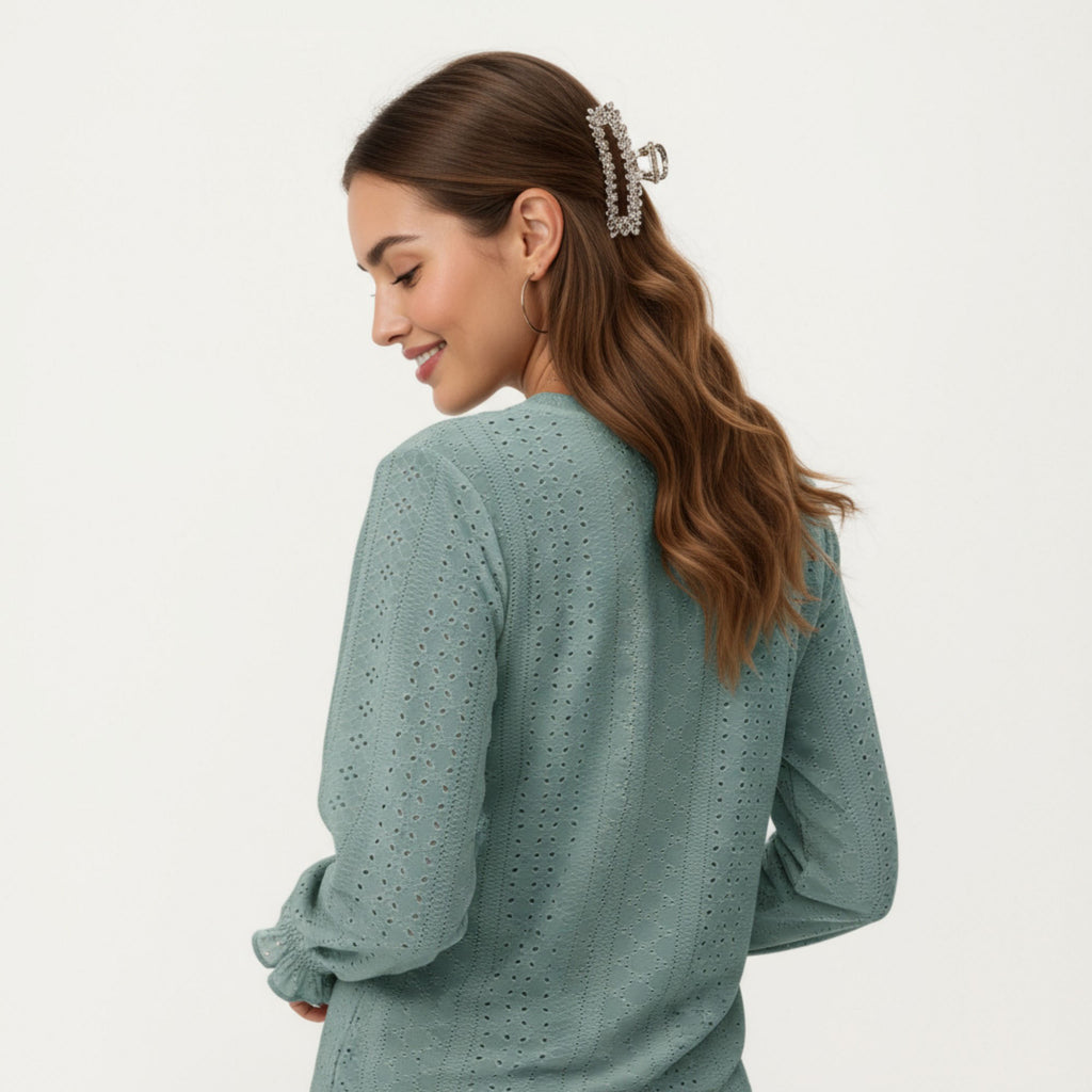 Anna-Kaci Women's Long Sleeve Eyelet Embroidered Top with V-Neckline and Ruffle Cuffs