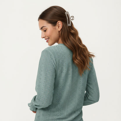 Anna-Kaci Women's Long Sleeve Eyelet Embroidered Top with V-Neckline and Ruffle Cuffs