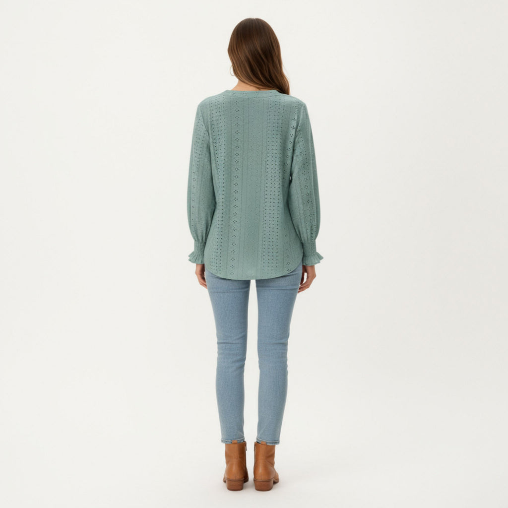Anna-Kaci Women's Long Sleeve Eyelet Embroidered Top with V-Neckline and Ruffle Cuffs