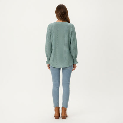 Anna-Kaci Women's Long Sleeve Eyelet Embroidered Top with V-Neckline and Ruffle Cuffs