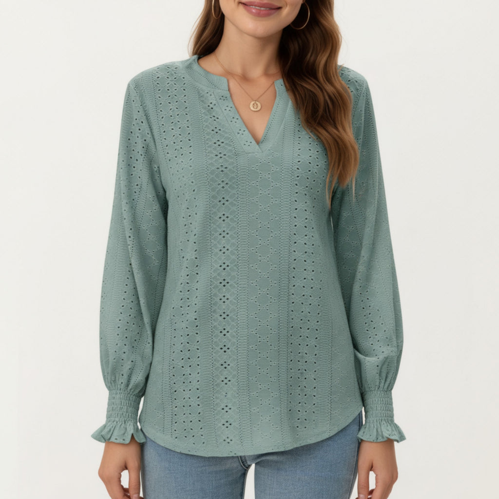 Anna-Kaci Women's Long Sleeve Eyelet Embroidered Top with V-Neckline and Ruffle Cuffs