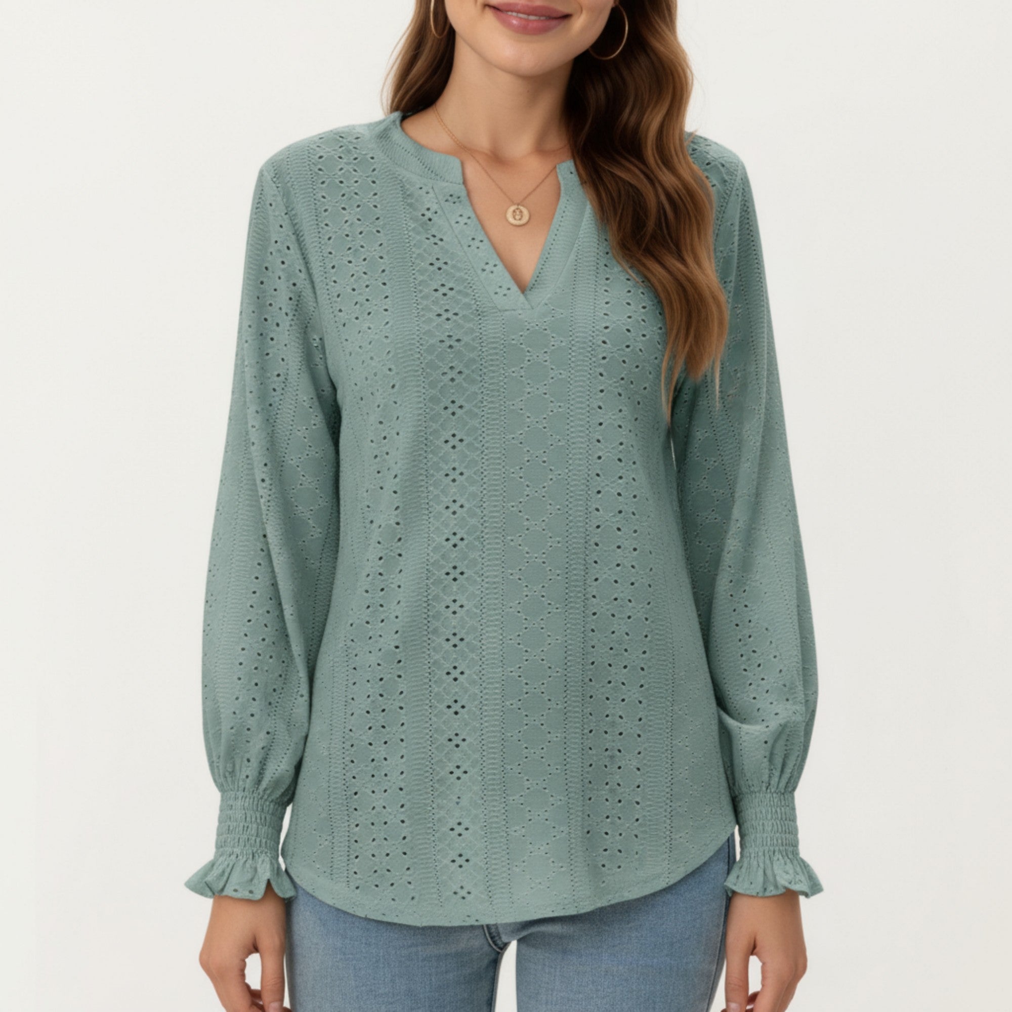 Anna-Kaci Women's Long Sleeve Eyelet Embroidered Top with V-Neckline and Ruffle Cuffs
