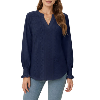 Anna-Kaci Women's Long Sleeve Eyelet Embroidered Top with V-Neckline and Ruffle Cuffs