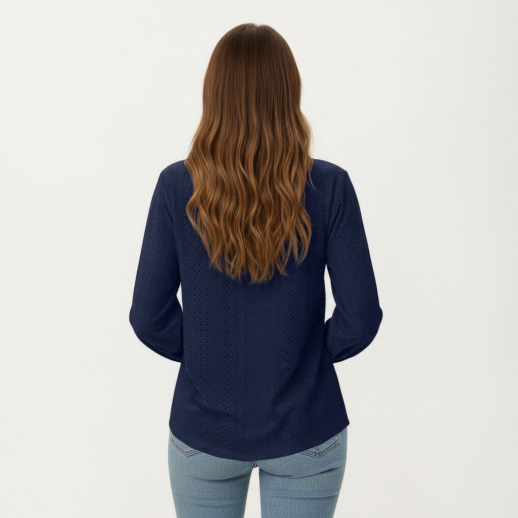 Anna-Kaci Women's Long Sleeve Eyelet Embroidered Top with V-Neckline and Ruffle Cuffs