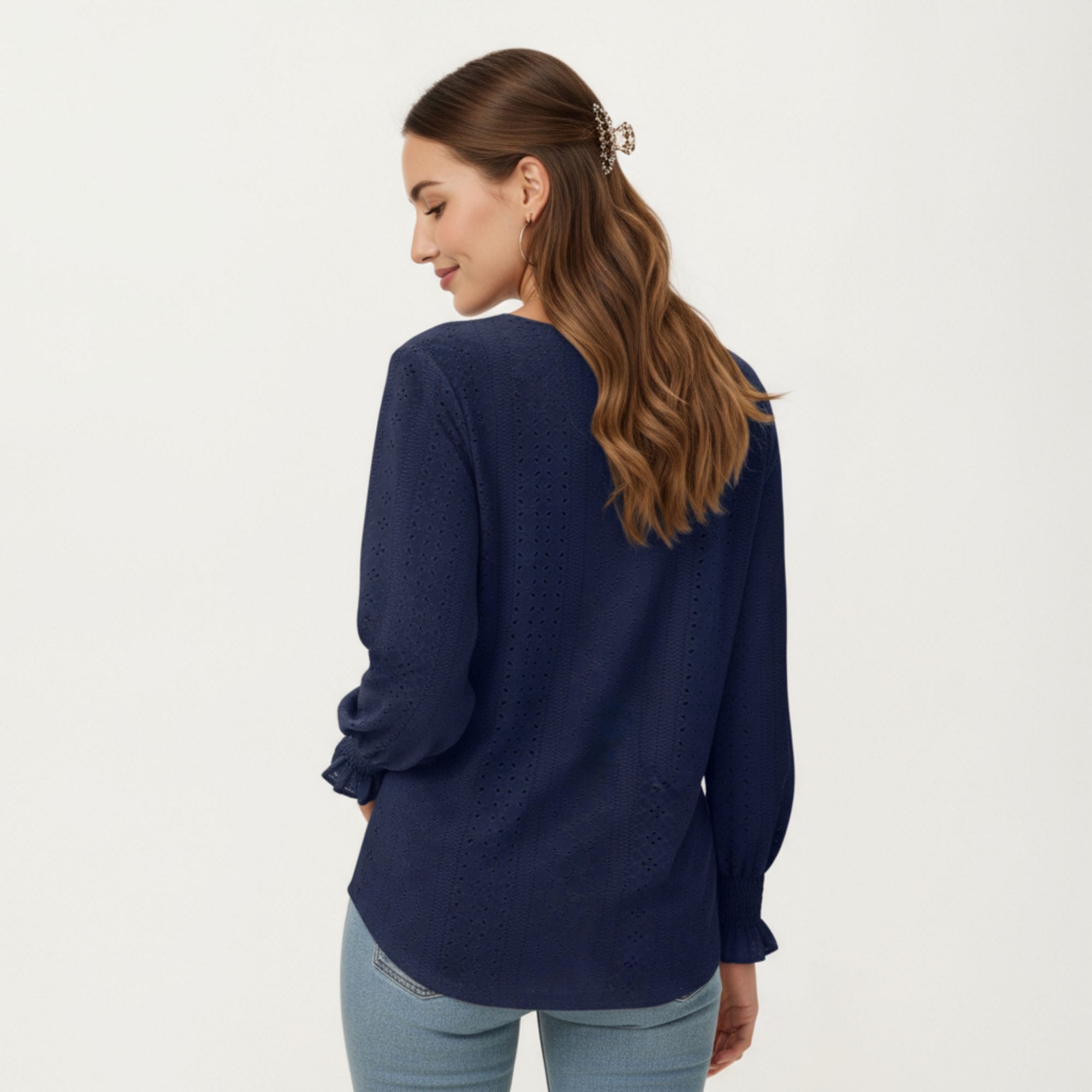 Anna-Kaci Women's Long Sleeve Eyelet Embroidered Top with V-Neckline and Ruffle Cuffs