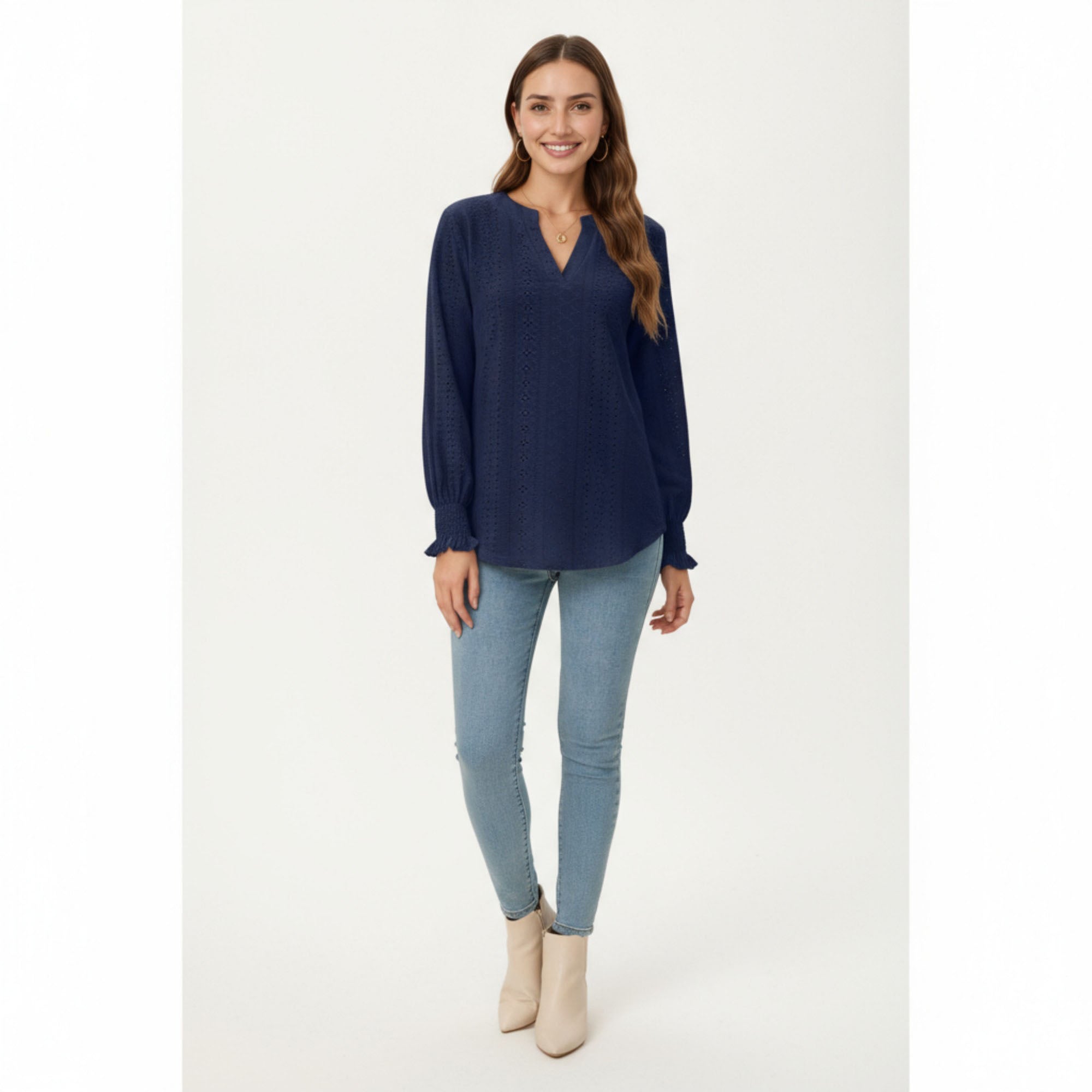Anna-Kaci Women's Long Sleeve Eyelet Embroidered Top with V-Neckline and Ruffle Cuffs