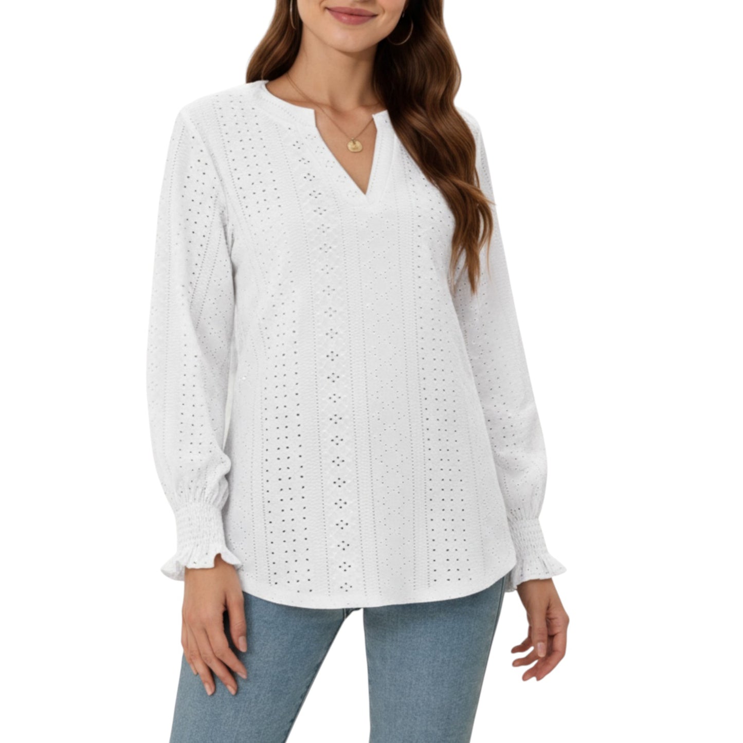 Anna-Kaci Women's Long Sleeve Eyelet Embroidered Top with V-Neckline and Ruffle Cuffs
