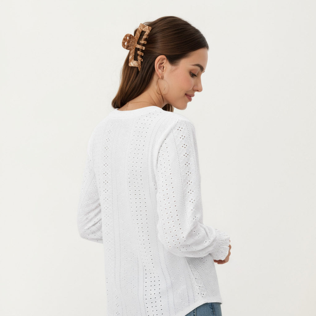 Anna-Kaci Women's Long Sleeve Eyelet Embroidered Top with V-Neckline and Ruffle Cuffs