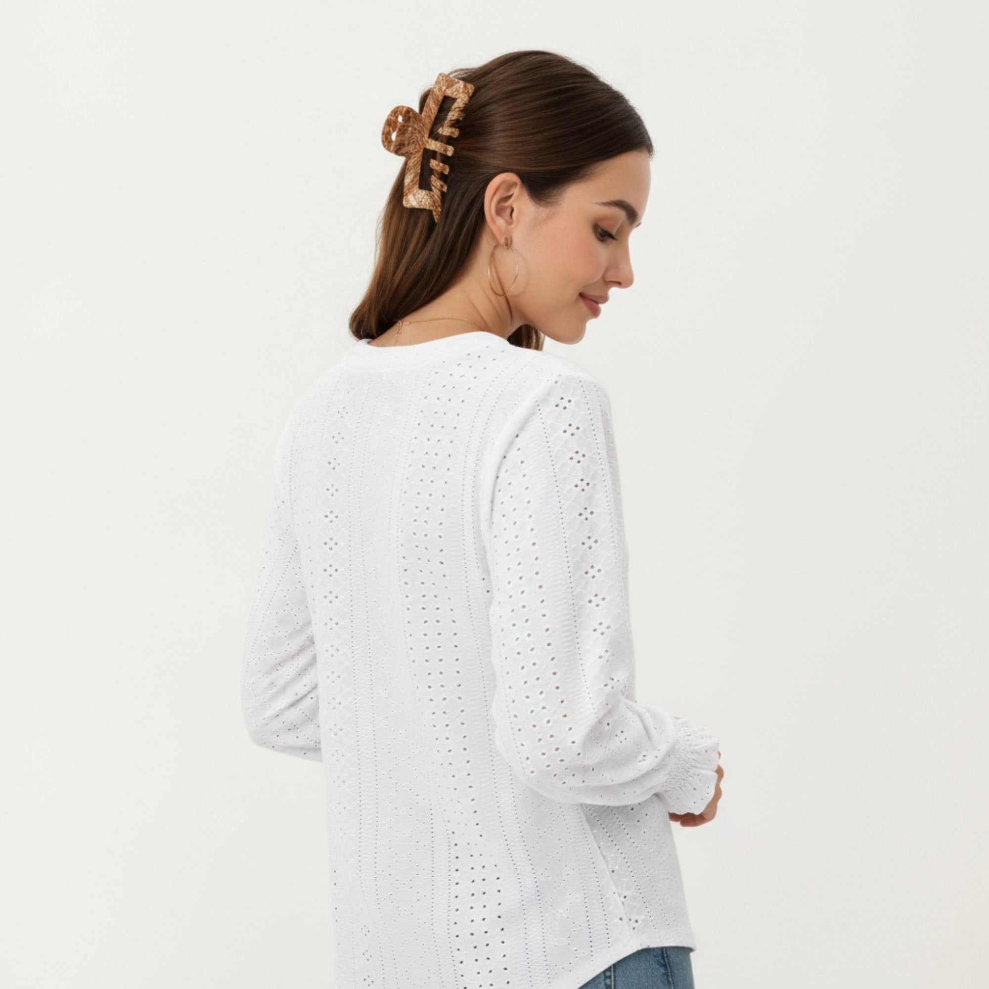 Anna-Kaci Women's Long Sleeve Eyelet Embroidered Top with V-Neckline and Ruffle Cuffs