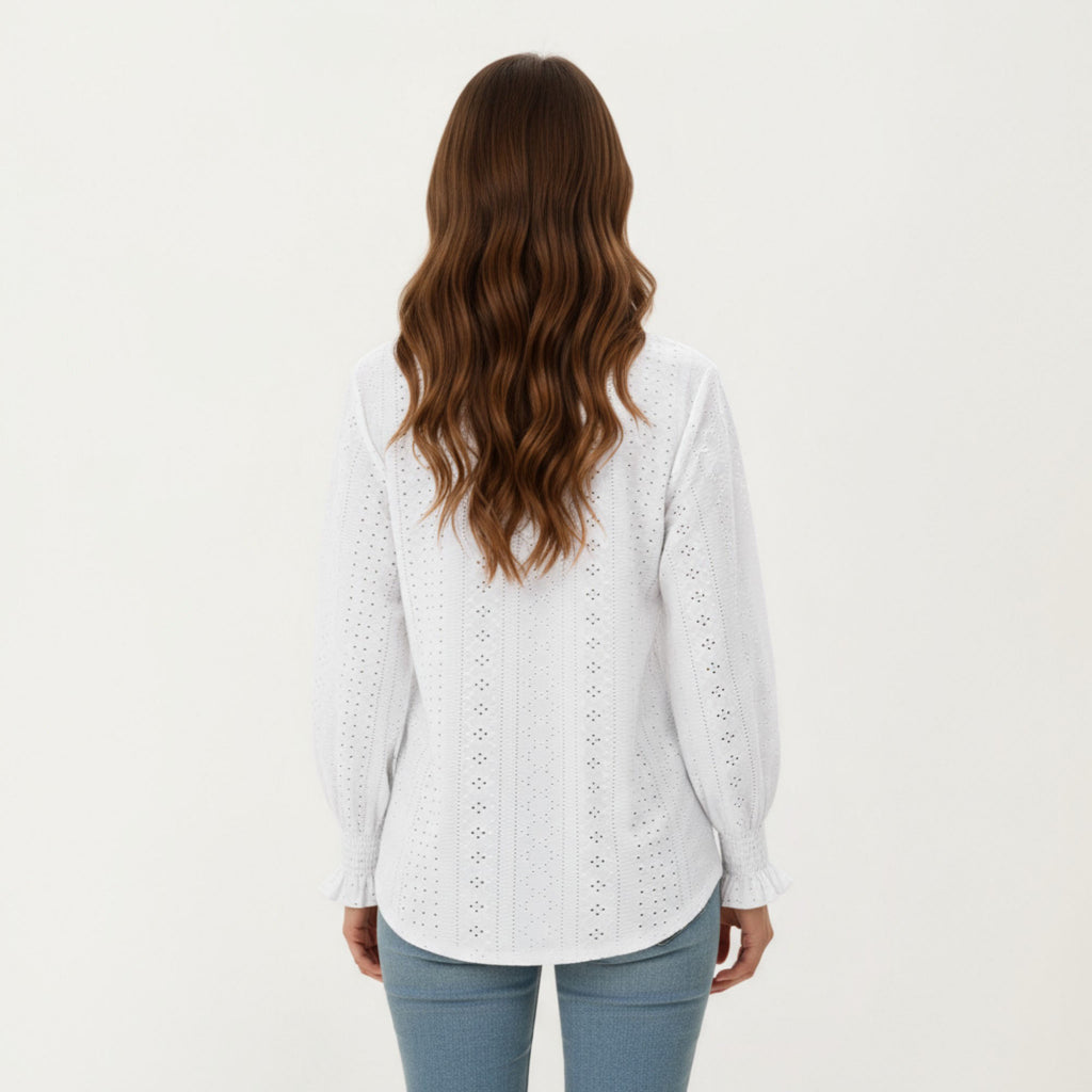 Anna-Kaci Women's Long Sleeve Eyelet Embroidered Top with V-Neckline and Ruffle Cuffs