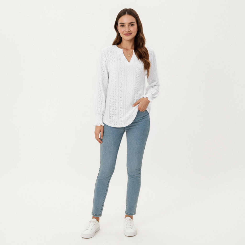 Anna-Kaci Women's Long Sleeve Eyelet Embroidered Top with V-Neckline and Ruffle Cuffs