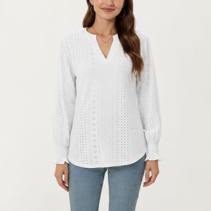 Anna-Kaci Women's Long Sleeve Eyelet Embroidered Top with V-Neckline and Ruffle Cuffs