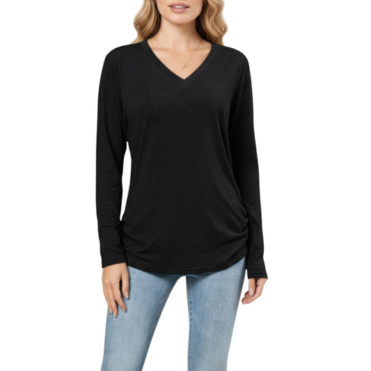 Anna-Kaci Women's Long Sleeve V-Neck Top with Ruched Side Detailing
