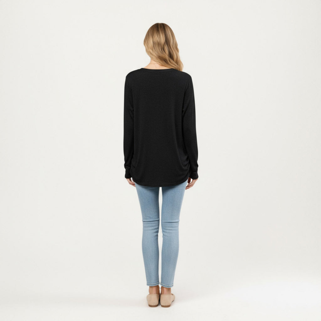 Anna-Kaci Women's Long Sleeve V-Neck Top with Ruched Side Detailing