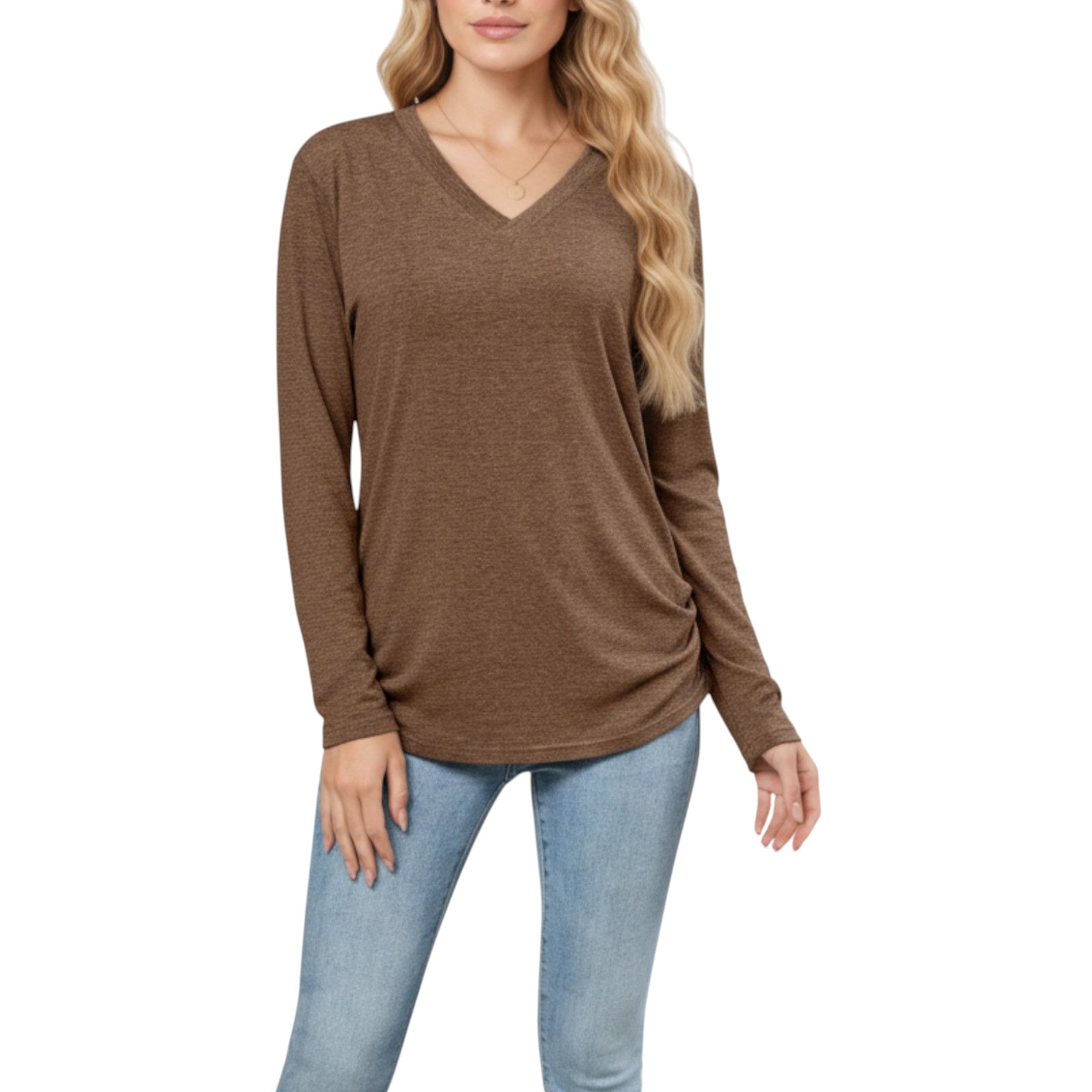 Anna-Kaci Women's Long Sleeve V-Neck Top with Ruched Side Detailing