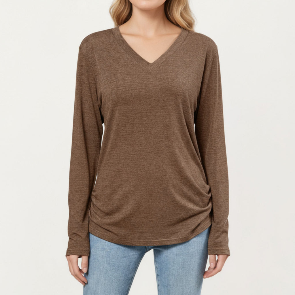 Anna-Kaci Women's Long Sleeve V-Neck Top with Ruched Side Detailing