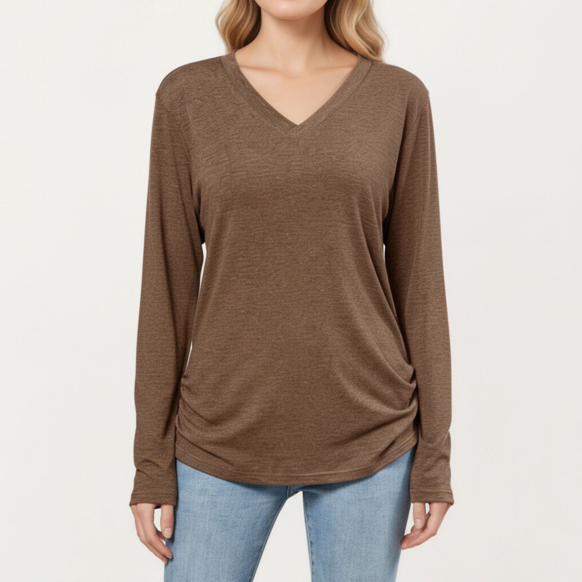 Anna-Kaci Women's Long Sleeve V-Neck Top with Ruched Side Detailing