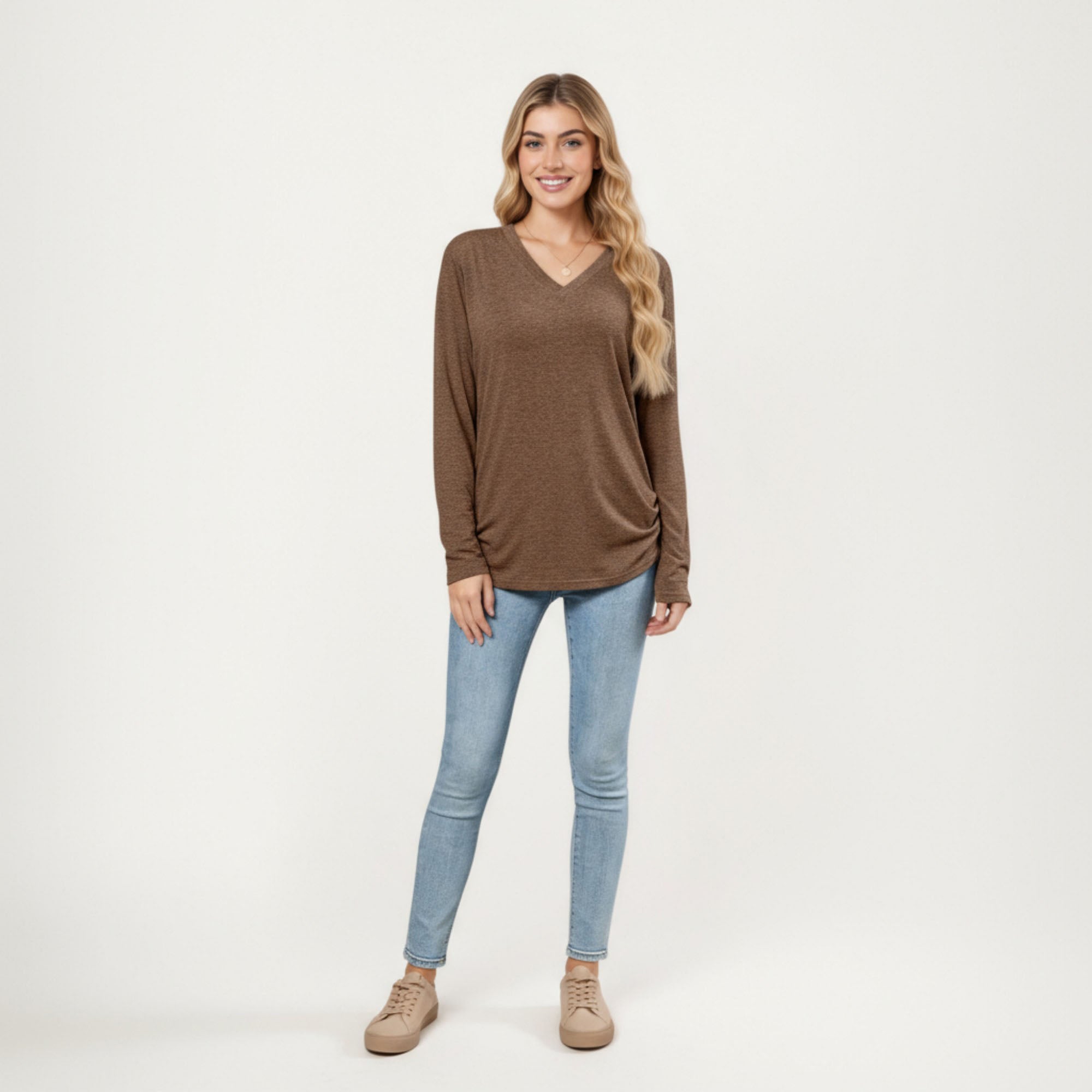 Anna-Kaci Women's Long Sleeve V-Neck Top with Ruched Side Detailing