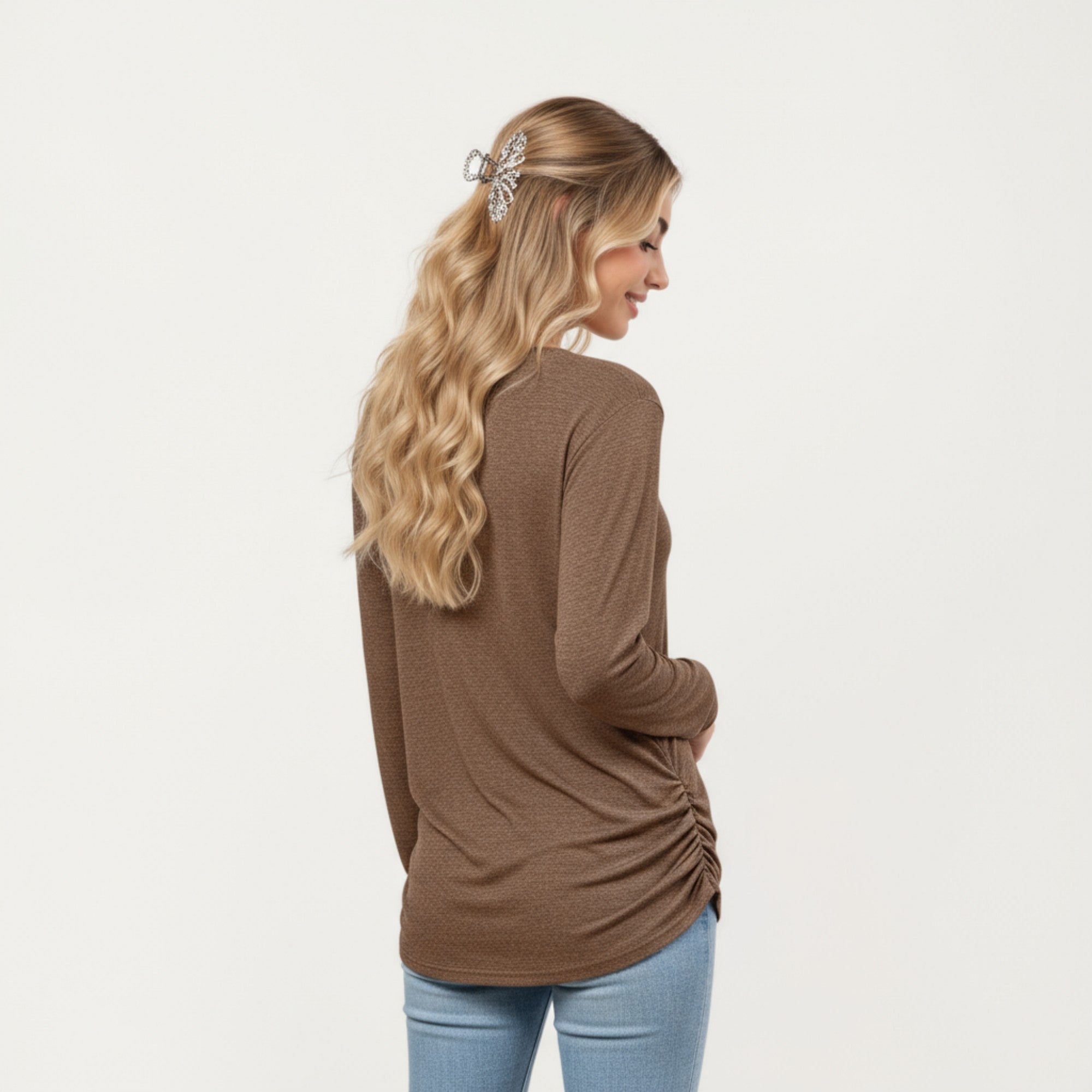 Anna-Kaci Women's Long Sleeve V-Neck Top with Ruched Side Detailing