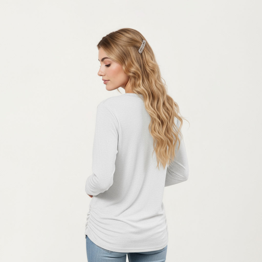 Anna-Kaci Women's Long Sleeve V-Neck Top with Ruched Side Detailing