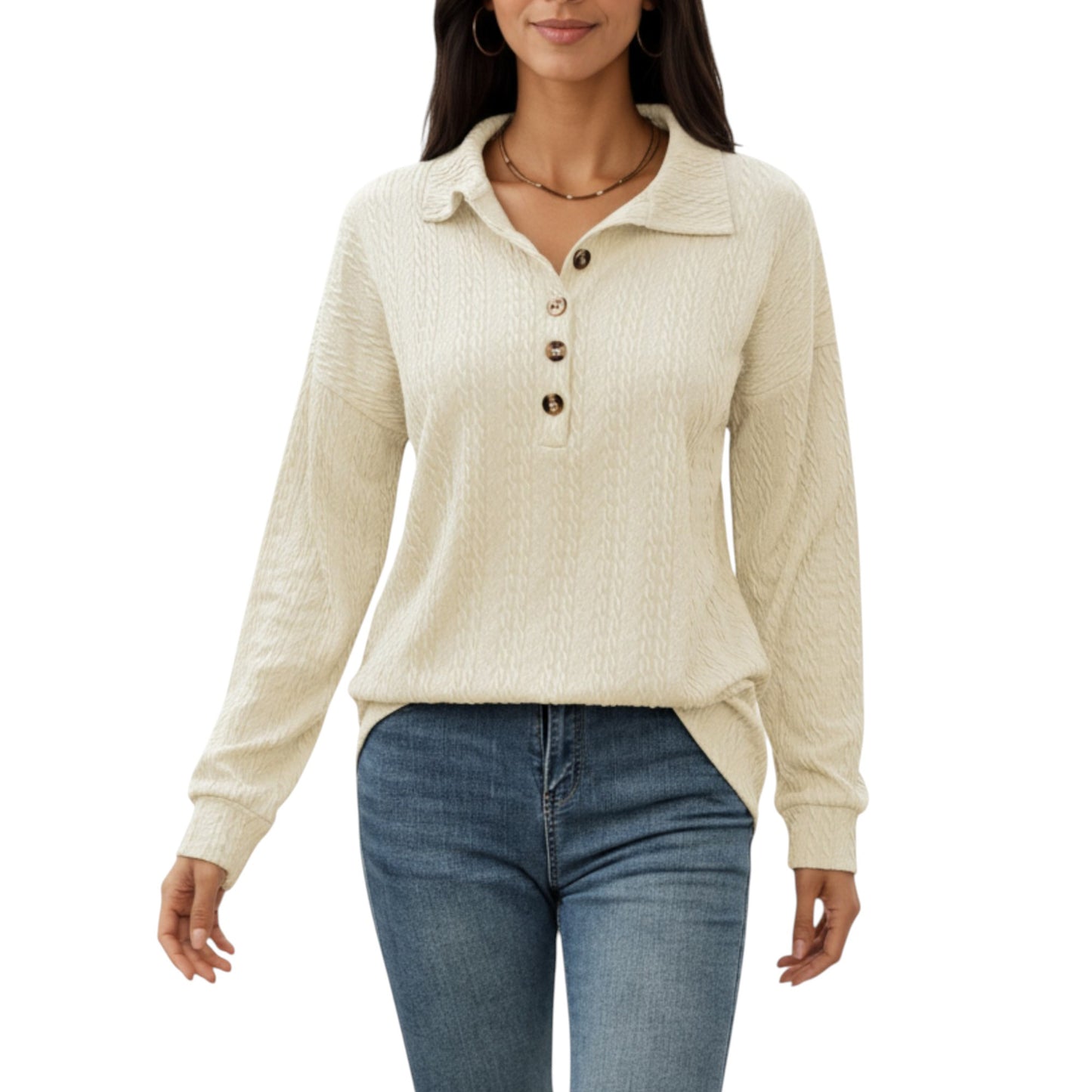 Anna-Kaci Women's Collared Long Sleeve Button-Up Top with Textured Knit Design