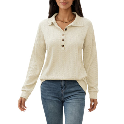 Anna-Kaci Women's Collared Long Sleeve Button-Up Top with Textured Knit Design