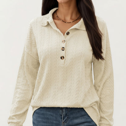 Anna-Kaci Women's Collared Long Sleeve Button-Up Top with Textured Knit Design