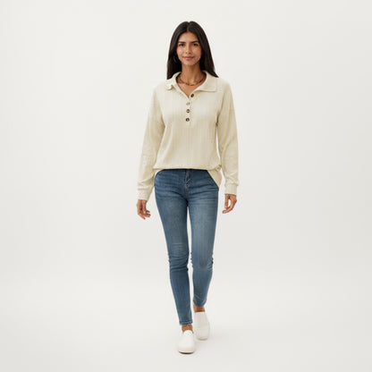 Anna-Kaci Women's Collared Long Sleeve Button-Up Top with Textured Knit Design