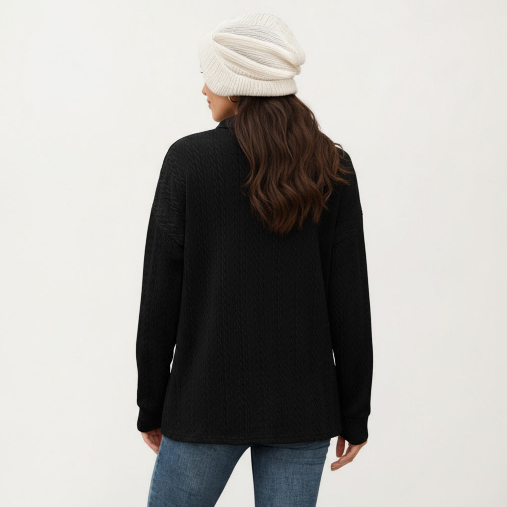 Anna-Kaci Women's Collared Long Sleeve Button-Up Top with Textured Knit Design