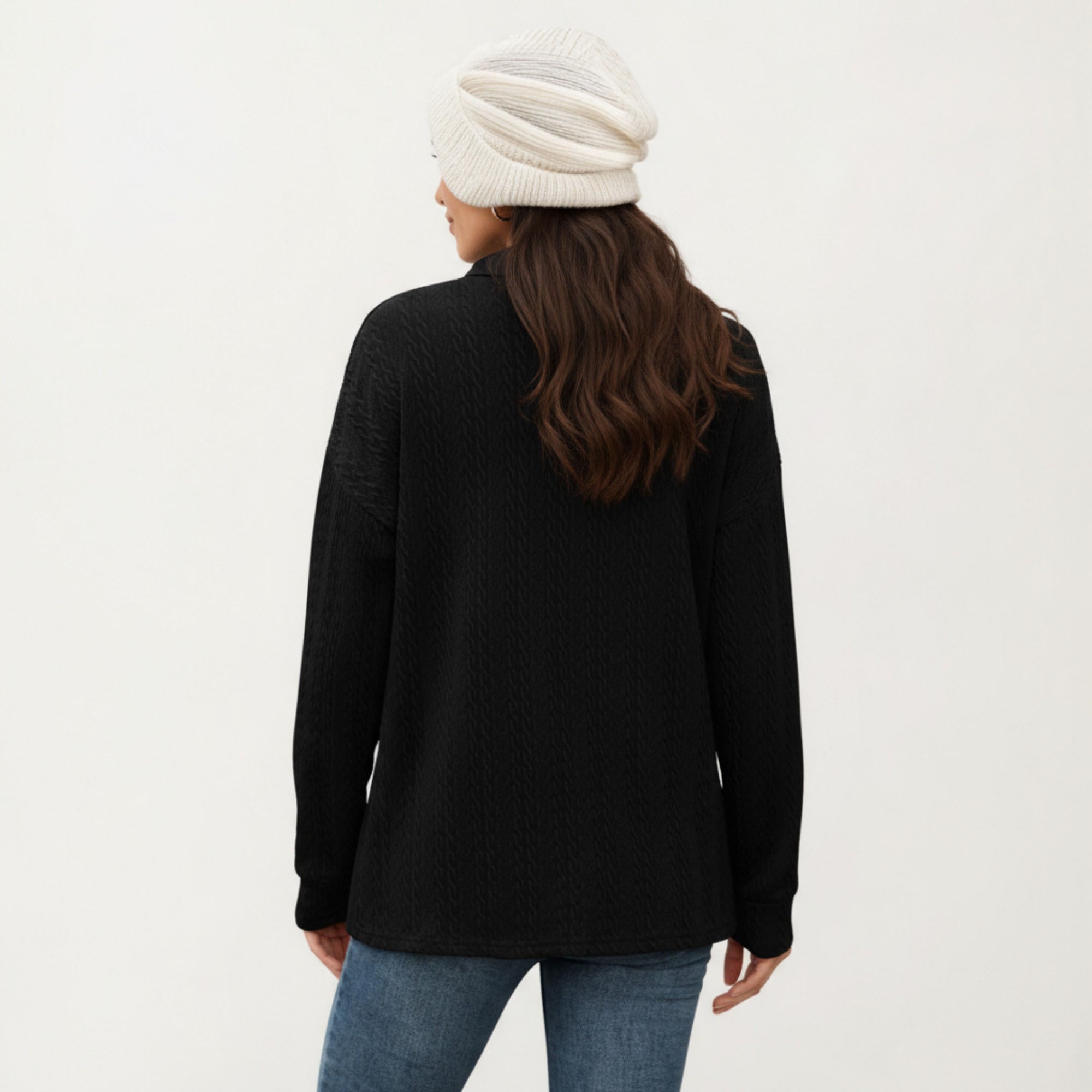 Anna-Kaci Women's Collared Long Sleeve Button-Up Top with Textured Knit Design