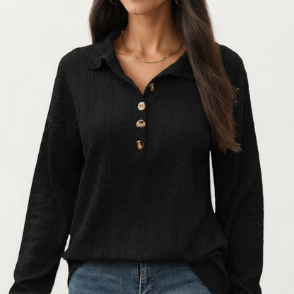 Anna-Kaci Women's Collared Long Sleeve Button-Up Top with Textured Knit Design