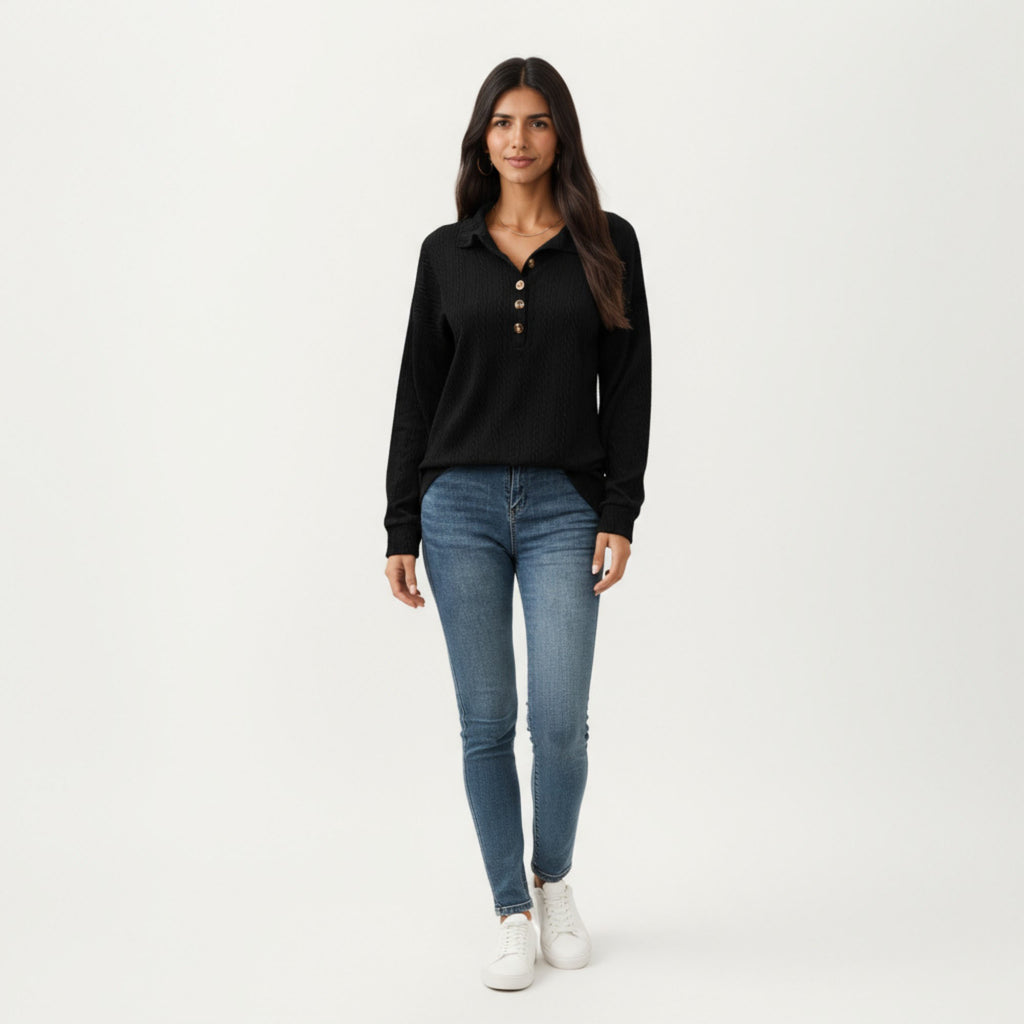 Anna-Kaci Women's Collared Long Sleeve Button-Up Top with Textured Knit Design