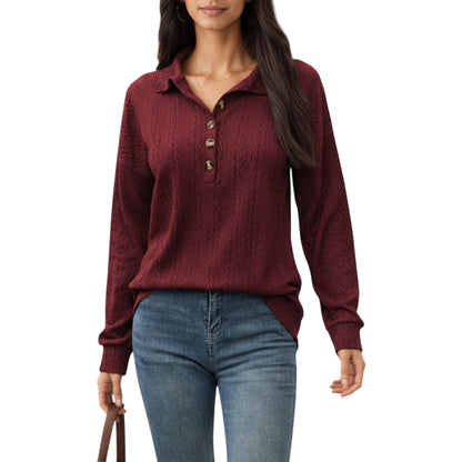 Anna-Kaci Women's Collared Long Sleeve Button-Up Top with Textured Knit Design