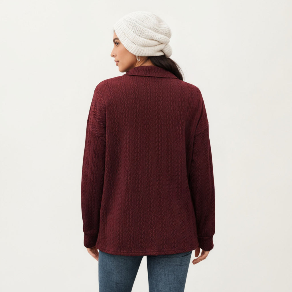 Anna-Kaci Women's Collared Long Sleeve Button-Up Top with Textured Knit Design
