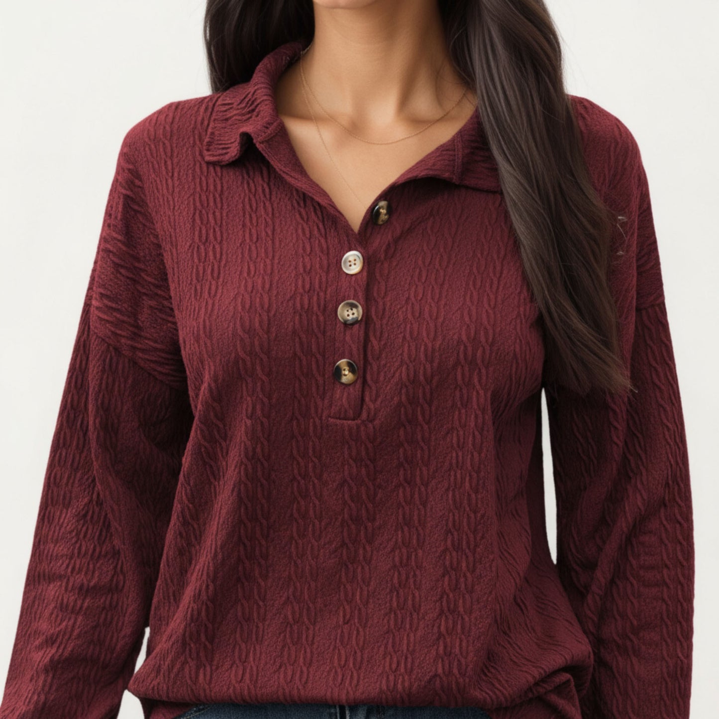 Anna-Kaci Women's Collared Long Sleeve Button-Up Top with Textured Knit Design