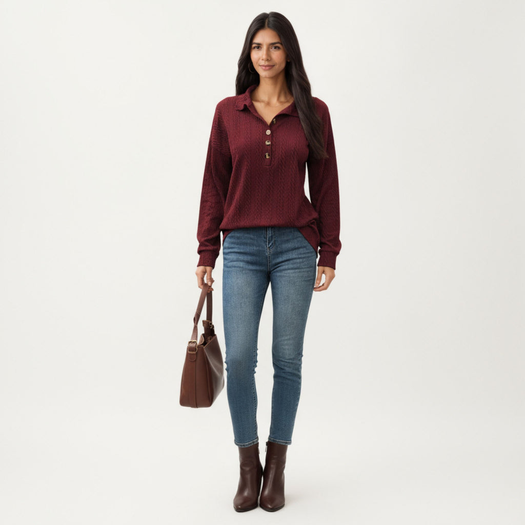 Anna-Kaci Women's Collared Long Sleeve Button-Up Top with Textured Knit Design