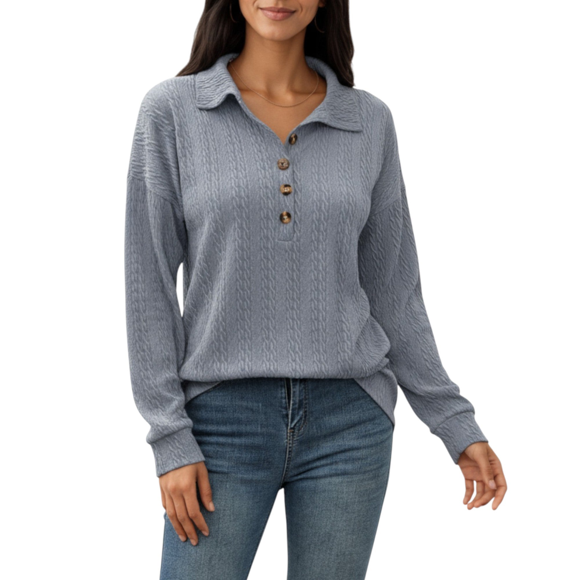 Anna-Kaci Women's Collared Long Sleeve Button-Up Top with Textured Knit Design