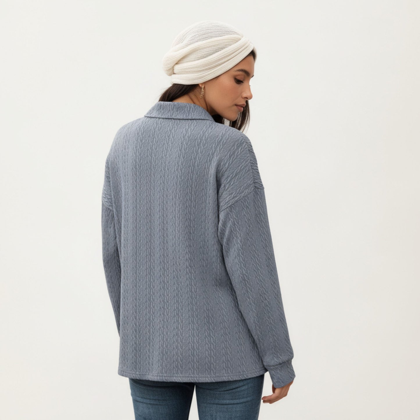 Anna-Kaci Women's Collared Long Sleeve Button-Up Top with Textured Knit Design