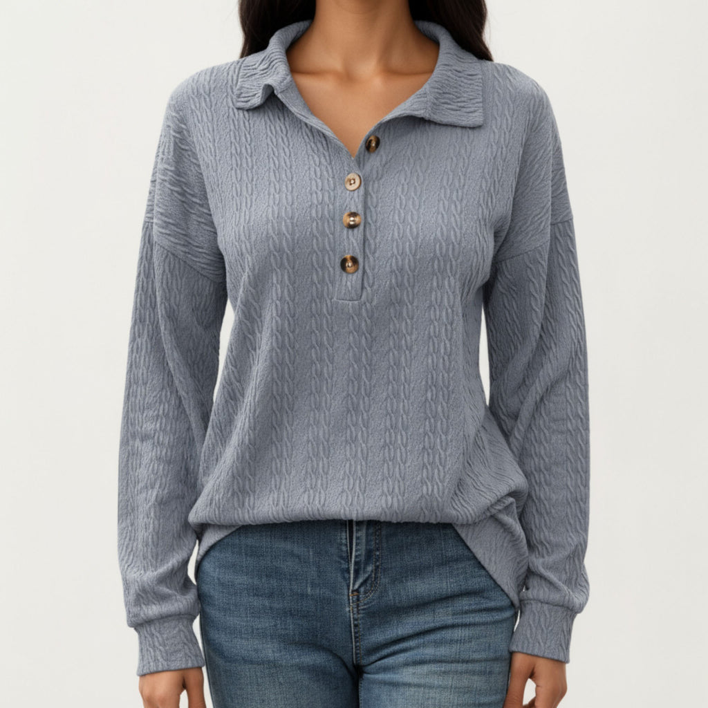 Anna-Kaci Women's Collared Long Sleeve Button-Up Top with Textured Knit Design