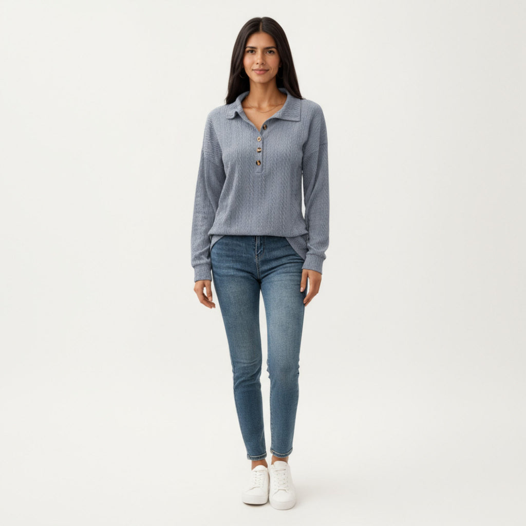 Anna-Kaci Women's Collared Long Sleeve Button-Up Top with Textured Knit Design
