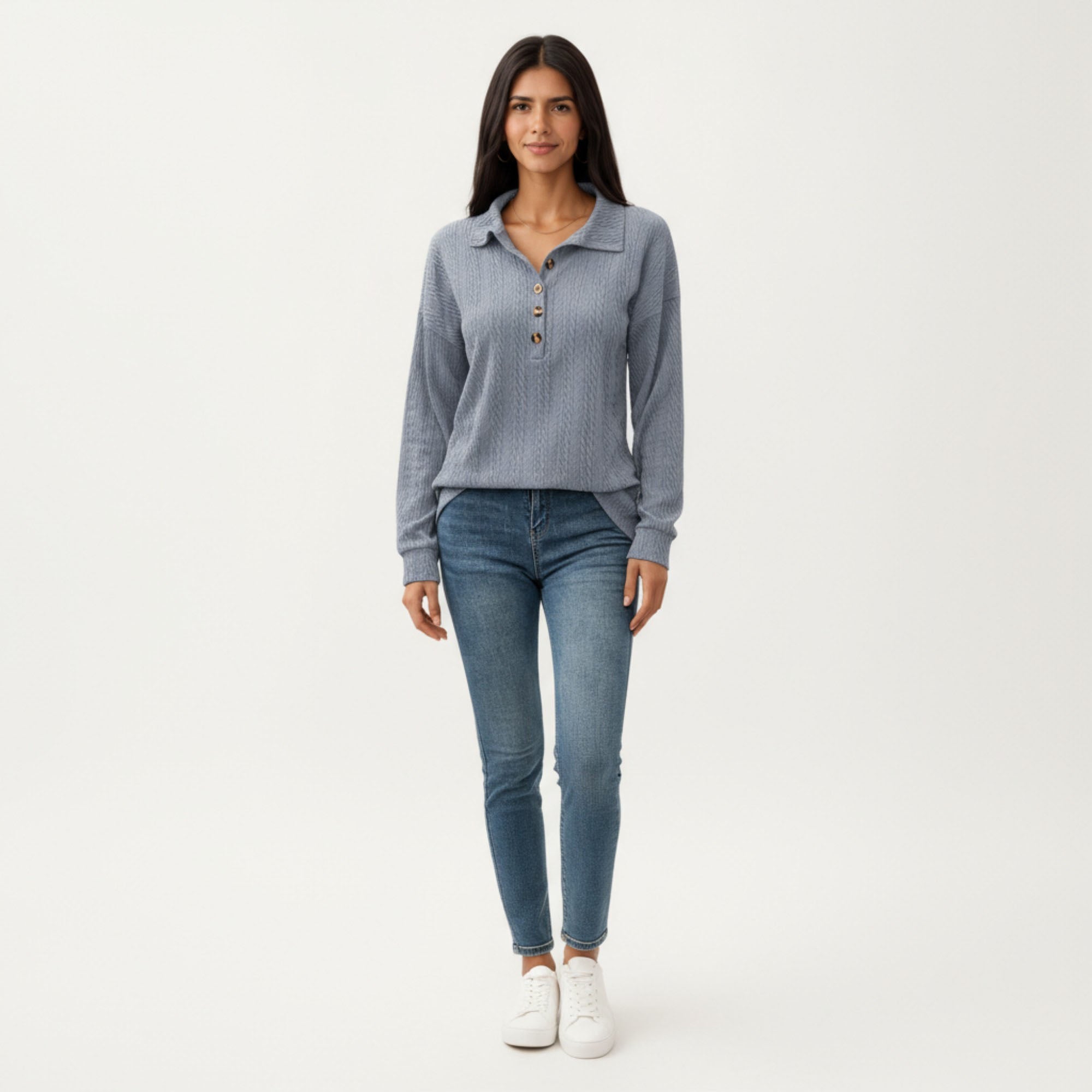 Anna-Kaci Women's Collared Long Sleeve Button-Up Top with Textured Knit Design