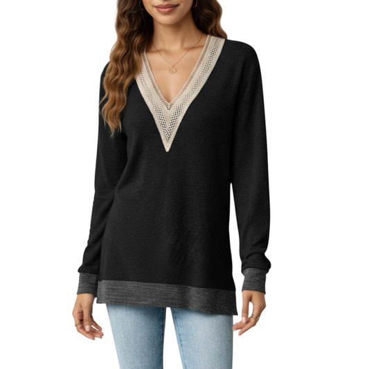 Anna-Kaci Women's Long Sleeve V-Neck Top with Contrast Crochet Trim and Relaxed Hem