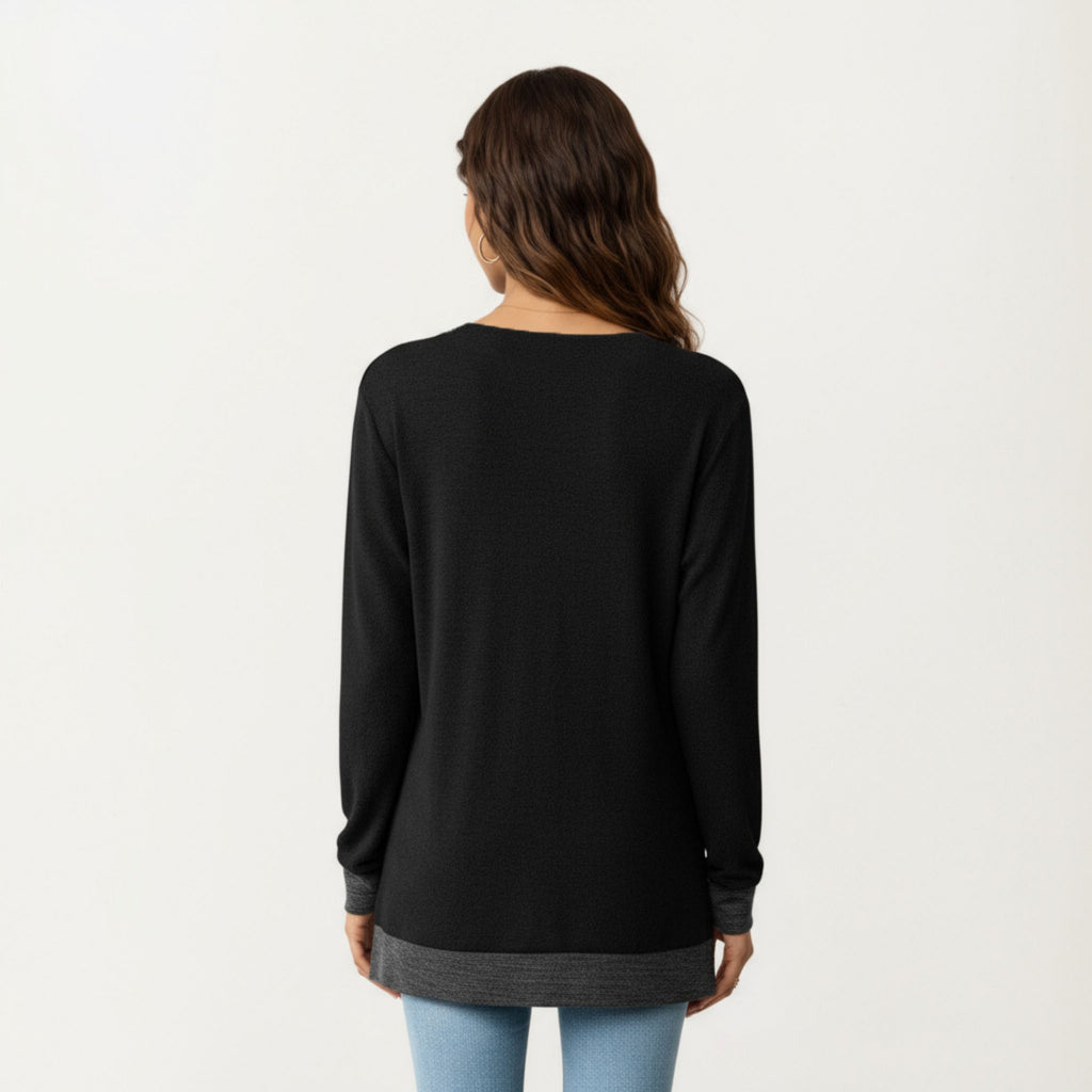 Anna-Kaci Women's Long Sleeve V-Neck Top with Contrast Crochet Trim and Relaxed Hem