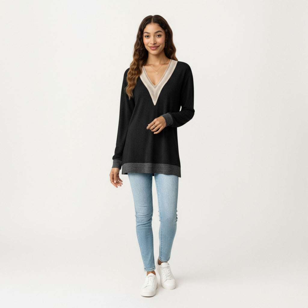 Anna-Kaci Women's Long Sleeve V-Neck Top with Contrast Crochet Trim and Relaxed Hem