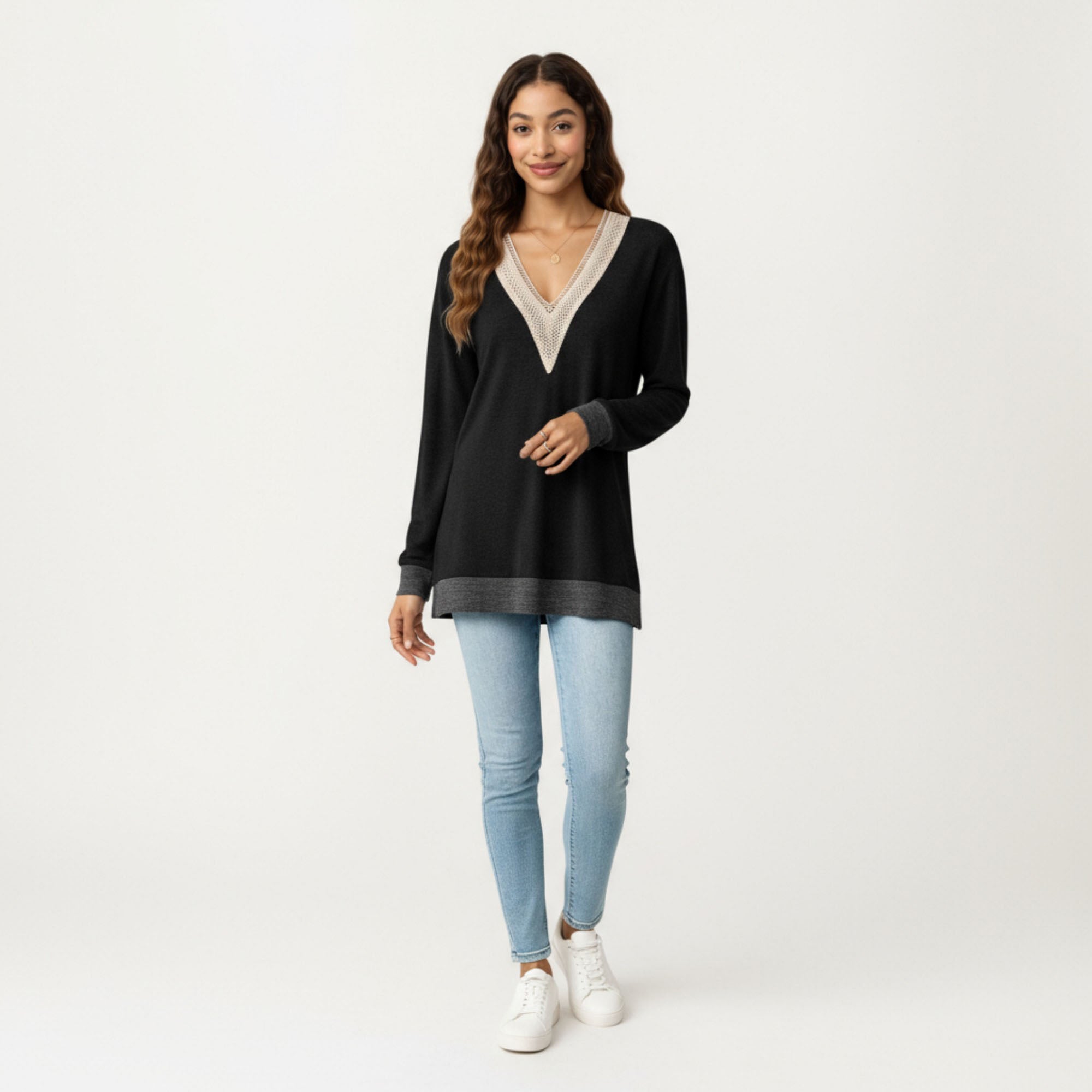 Anna-Kaci Women's Long Sleeve V-Neck Top with Contrast Crochet Trim and Relaxed Hem