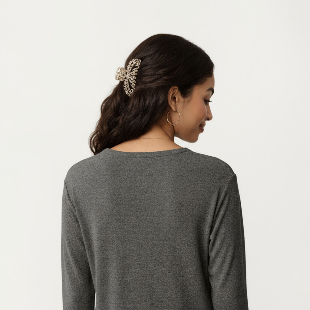 Anna-Kaci Women's Long Sleeve V-Neck Top with Contrast Crochet Trim and Relaxed Hem